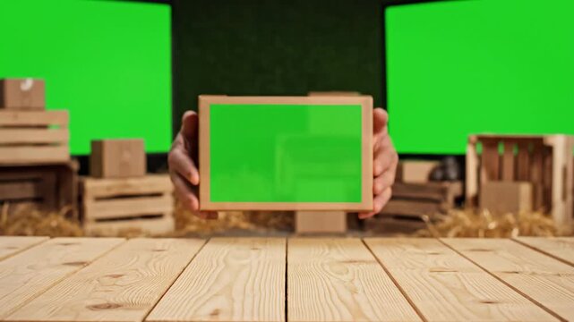 Hands Placing Cardboard Box with Green Screen on Wooden Table Chroma Key Product Mockup for Delivery Service Ecommerce and Unboxing Videos. - Powered by Adobe