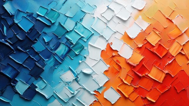 Vibrant Abstract Textured Painting With Cool Blues Transitioning To Warm Oranges And Reds Evoking A Dynamic Sonic Landscape In Titlecase