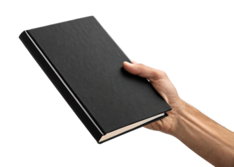 hand holding blank black hardcover book isolated on a transparent background.