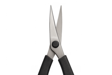 Precision scissors with sharp blades opening on transparent background