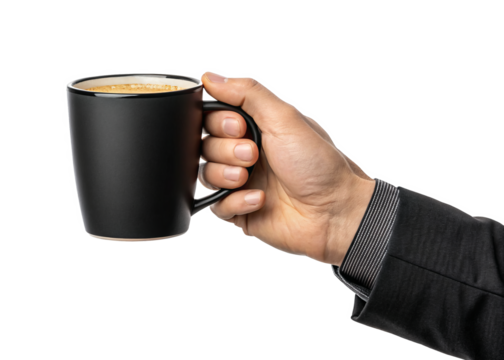 hand holding black coffee mug isolated on a transparent background.