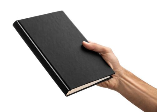 hand holding blank black hardcover book isolated on a transparent background.