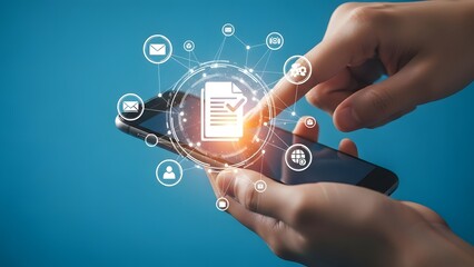 Hands using smartphone with digital document and icons for business and technology
