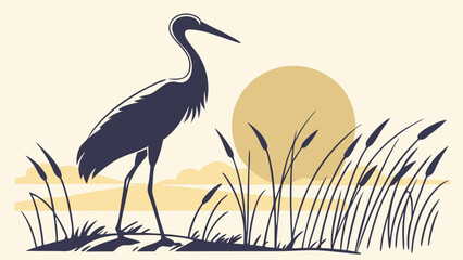 Fototapeta premium Graceful Heron Wading in Peaceful Marsh Illustration with Reeds and Golden Sunset for Nature Conservation and Outdoor Travel