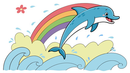 Naklejka premium Happy Cartoon Dolphin Jumping Over Ocean Waves with Colorful Rainbow Illustration for Kids Education and Summer Fun