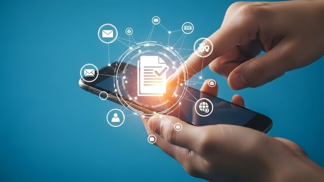 Hands using smartphone with digital document and icons for business and technology