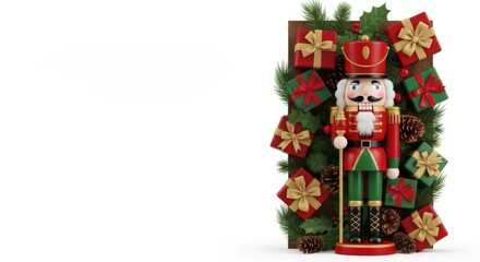 Nussknacker in klassischer Uniform steht vor festlichem Rahmen aus Geschenken Tannenzweigen und Zapfen und schafft perfekte traditionelle Weihnachtsoptik f&uuml;r Karten Poster und Designs Generative KI