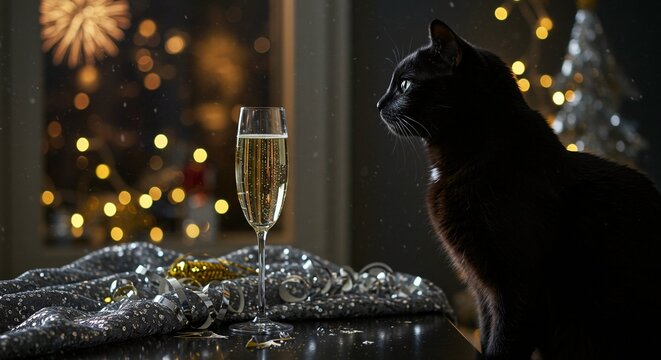 Black cat watching fireworks with champagne glass and party streamers on a dark table - Powered by Adobe