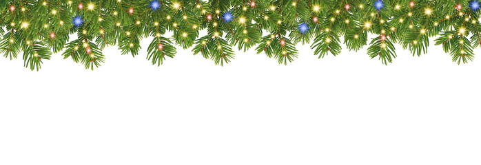 Obraz premium christmas border with coniferous branches and garlands of christmas lights on transparent background