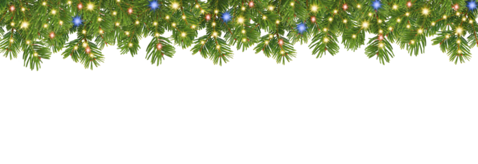 christmas border with coniferous branches and garlands of christmas lights on transparent background