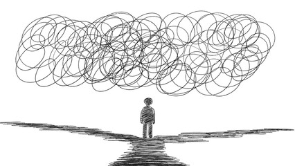Person standing beneath cloud of tangled thoughts - mental health concept. The hand-drawn sketch style,  overthinking and cognitive stress. PNG. Black and white illustration on transparent background. © Iryna