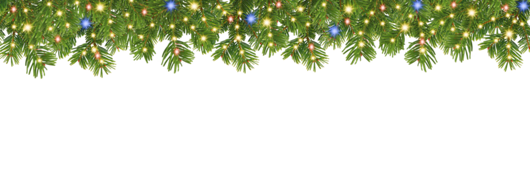 christmas border with coniferous branches and garlands of christmas lights on transparent background