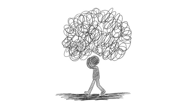 Mental overload concept - person with tangled thoughts illustration on transparent background. Cognitive overwhelm, mental health struggles, decision fatigue, or the weight of complex problems. PNG