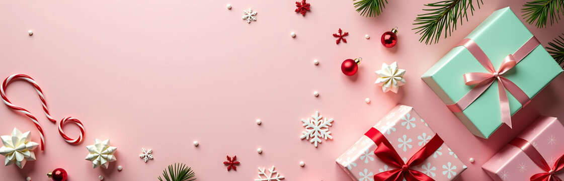 flat lay scene captures colorful christmas presents delicate decorations festive winter elements soft pastel pink backdrop
