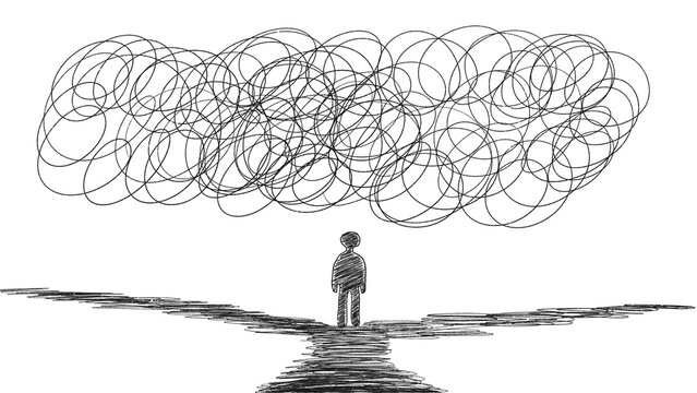 Person standing beneath cloud of tangled thoughts - mental health concept. The hand-drawn sketch style,  overthinking and cognitive stress. PNG. Black and white illustration on transparent background.