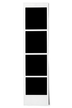 A vertical photo booth strip template featuring empty black four slots separated by white frame, isolated on white background
