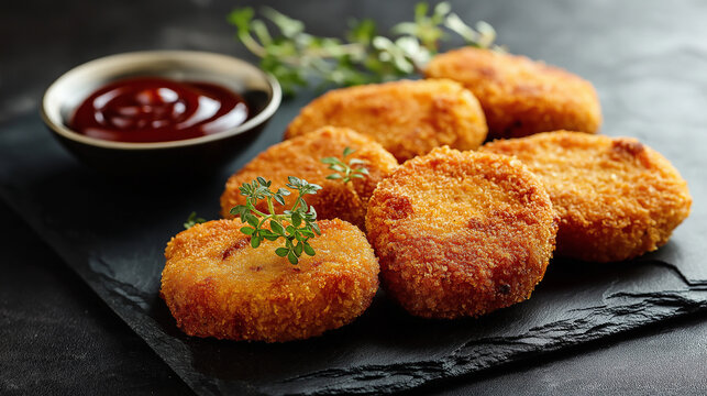 Golden-brown vegetable cutlets arranged neatly on a slate board, ketchup swirl for decoration