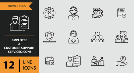 Employee and customer support services outline icons isolated on white background