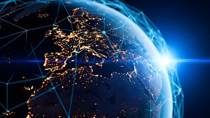 Earth at night with city lights and digital network overlay global connectivity concept