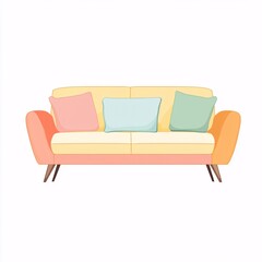 Fototapeta premium Colorful modern sofa with pastel cushions illustration on white background, flat vector design for interior, furniture, and home decor themes 