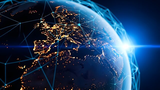 Earth at night with city lights and digital network overlay global connectivity concept