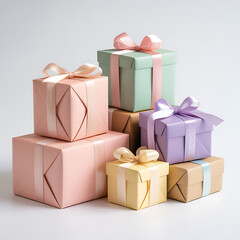 Naklejka premium Celebrate special occasions with these pastel wrapped gifts, perfect for birthdays, holidays, or thank you presents, all tied with elegant satin ribbons