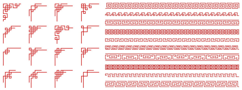Chinese border set, Asian frame, red vector corner pattern