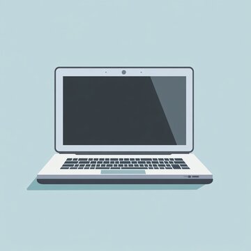 Flat design illustration of a modern laptop with blank dark screen on blue background, front view digital notebook computer

