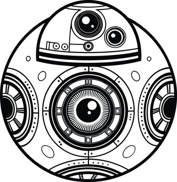 Detailed black and white illustration of a spherical robot with intricate design elements and circular patterns