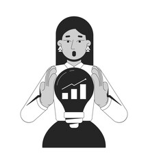 Data driven solution line illustration concept. Insight growth. Surprised statistician holding light bulb with rising analytics chart outline 2D character isolated. Ink linear metaphor vector art