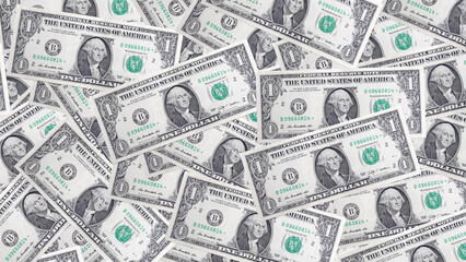 Top view collection of overlapping one dollar bills. Concept of wealth, finance, investment, or...