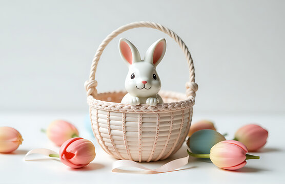 delicate ceramic bunny peeks behind bedazzled basket amidst scattered artificial tulips wispy