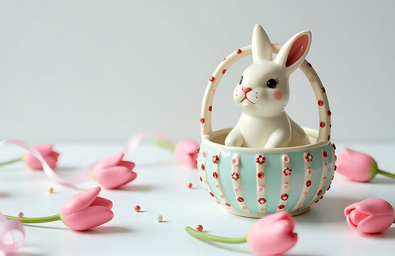 delicate ceramic bunny peeks behind bedazzled basket amidst scattered artificial tulips wispy