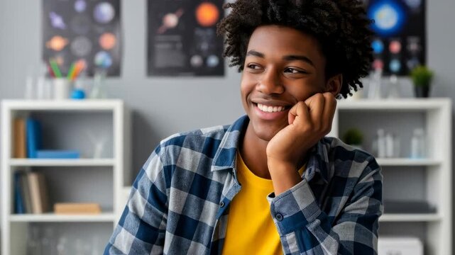 Student engaged in learning at desk with smile in bright classroom environment during afternoon study session