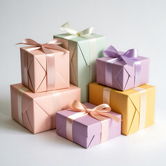 Naklejka premium Elegant pastel gifts stacked high for birthdays, holidays, and special occasions that evoke joy and celebration with ribbons and sophisticated wrapping