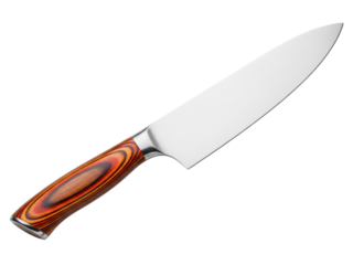 Sharp stainless steel chef knife with wooden handle for kitchen use on a transparent background