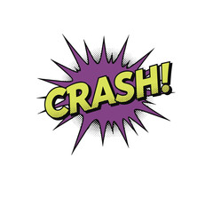 Retro comic book 'Crash!' sound effect in a purple starburst explosion. Pop art vector illustration with halftone dots isolated on white