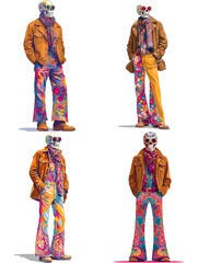 Naklejka premium Stylish skeleton character wearing modern colorful fashion outfit. Urban illustration blending street style, surreal art, and edgy character design.