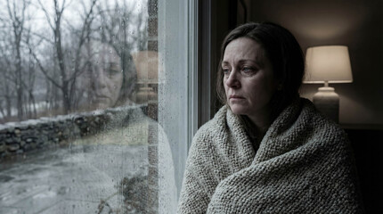 Sad woman looking through window winter depression seasonal affective disorder loneliness melancholy mood unhappy mental health gloom gray weather rain snow indoor isolation tired emotional stress 