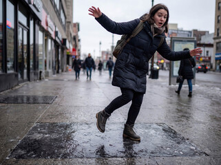 Person slipping falling on icy pavement winter accident danger injury risk safety caution slippery surface sidewalk hazard frost clumsiness concept unbalanced motion fear pain medical emergency urban