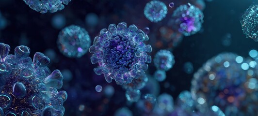 The Virus Particles in a Microscopic 3D Rendering with Blue Purple Lighting