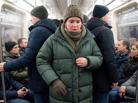 Bulky winter clothes subway crowded public transport overheating discomfort woman wearing thick coat hat scarf sweating space restriction tight squeeze commute urban lifestyle inconvenient fashion 