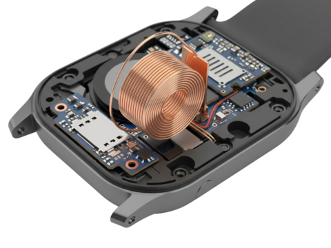 Internal circuit mechanism of generic modern wearable device with charging coil on a transparent background