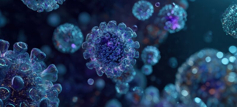 The Virus Particles in a Microscopic 3D Rendering with Blue Purple Lighting