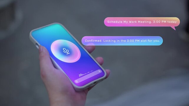 Man using phone voice assistant AI agent app to help arrange meeting and work schedule, artificial intelligence LLM chatbot customer service support, automated speech technology concept