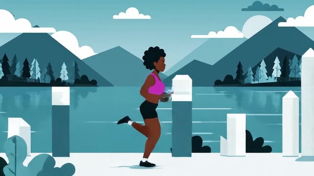 Animated Sequence Of A Woman Jogging By The Lake For Health And Wellness