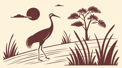 Fototapeta premium Elegant Crane Bird in Grassland Landscape Silhouette Illustration for Wildlife Conservation Posters and Nature Education Design Projects 