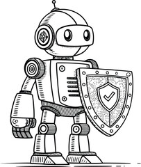 A drawing of a robot holding a shield with a check mark on it in black and white illustration style