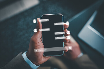Business smartphone chat interface with digital message icons and communication.