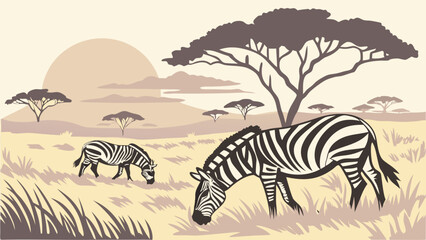 Naklejka premium Peaceful Zebras Grazing Calmly in African Savannah Landscape with Acacia Trees Warm Sunset and Soft Natural Colors in Beautiful Wildlife Nature Illustration Artwork for Creative Design Projects 